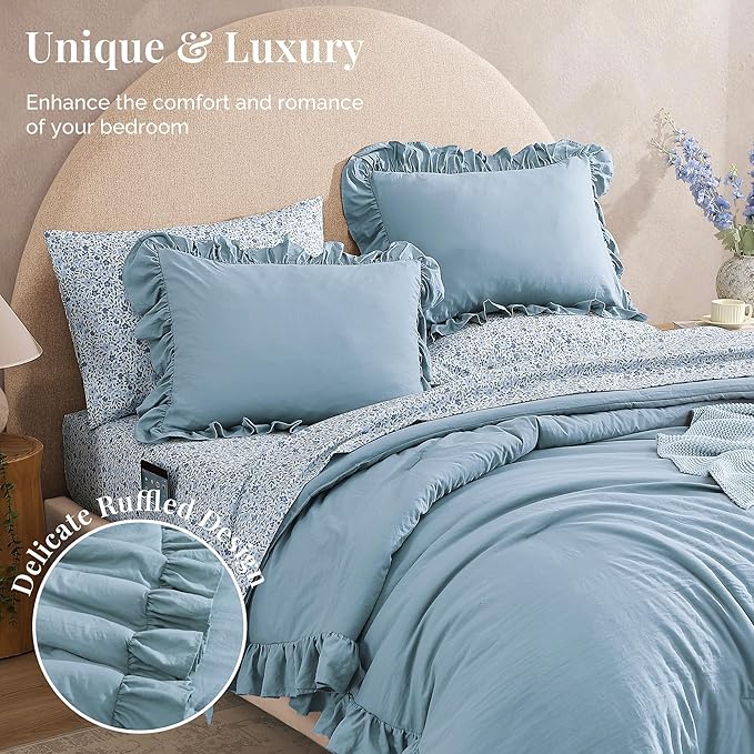 Twin XL Comforter Set - 5 Pieces Ruffle Blue Bedding Sets, Shabby Chic Farmhouse Bed in a Bag Twin XL with Ruffle Comforter, Floral Sheets, Pillowcases & Shams