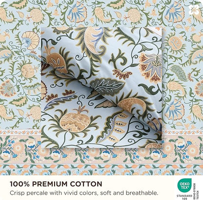 Bedsure Duvet Cover Queen Size - 100% Cotton Reversible Classic Frame Bordered Duvet Cover Set, 3 Pieces Soft & Breathable PureWoven Bedding Set with 2 Pillow Shams (Vintage Blue Boho 90"x90")