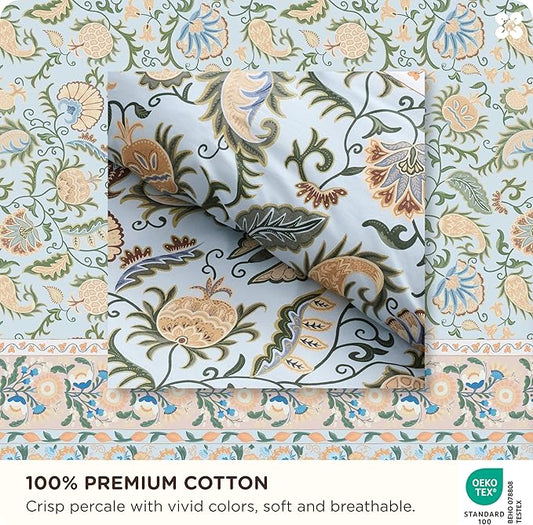 Bedsure Duvet Cover King Size - 100% Cotton Reversible Classic Frame Bordered Duvet Cover Set, 3 Pieces Soft & Breathable PureWoven Bedding Set with 2 Pillow Shams (Vintage Blue Boho 104"x90")