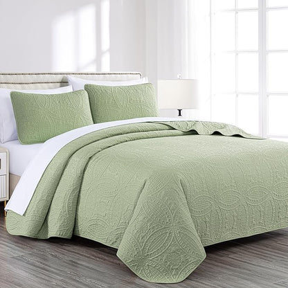Chezmoi Collection Austin 3-piece Oversized Bedspread Coverlet Set (King, Sage) | Oversized, Lightweight, Fade Resistant