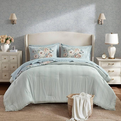 Madison Park Essentials Floral Comforter Set KING Size, Vintage Flower Bedding Set with Sheet Set, 7 Pieces Bed in a Bag with Reversible Botanical Comforter and Pillowcases & Shams, Heather, Soft Blue