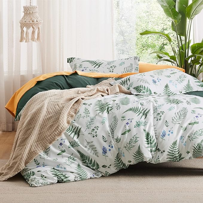Bedsure Duvet Cover King Size - Reversible Plants Duvet Cover Set with Zipper Closure, 3 Pieces Green Bedding Set with 8 Corner Ties and 2 Pillow Shams 20"x36"