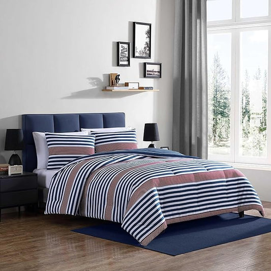 Nautica - King Comforter Set, Ultra Soft Bedding with a Woven Textured Feel, Medium Weight for Year Round Comfort, 3 Piece Bed Set with Matching Pillowcases (Kennedy Stripe Navy)