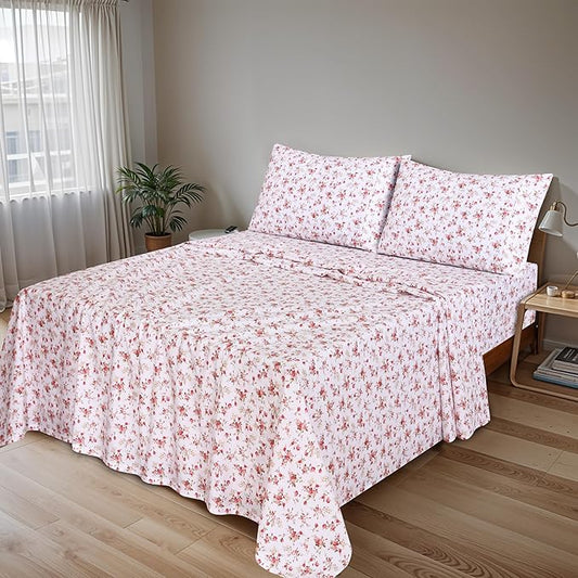 RUVANTI 100% Cotton Sheets – Queen Size Percale Bedding, Cooling & Breathable Floral Design, Durable with a Crisp, Soft & Comfortable Feel, 16" Deep Pocket, 4-Piece Set, Bouquet