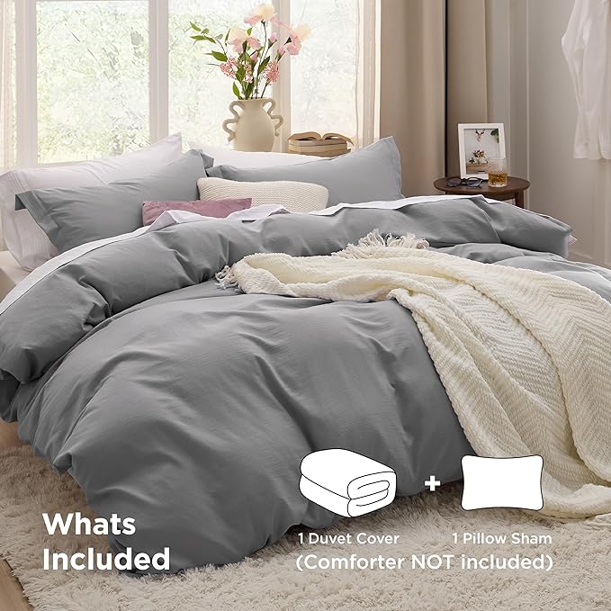 Bedsure Grey Duvet Cover Twin/Twin XL Size - 2 Pieces Prewashed Cotton-Like Polyester Extra Soft Bedding Set, Includes 1 Twin Duvet Cover 68x90 Inches with Zipper Closure & 1 Pillow Sham, No Comforter
