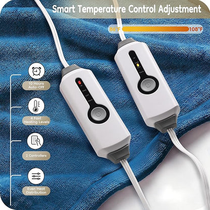 Electric Heated Blanket King Size 90"×100", Comfortable & Luxurious Flannel, 4 Heating Levels & 10 H Auto Shut Off, Lake Blue