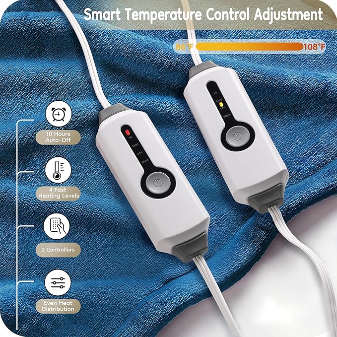 Electric Heated Blanket Queen Size 84"×90", Comfortable & Luxurious Flannel, 4 Heating Levels & 10 H Auto Shut Off, Lake Blue