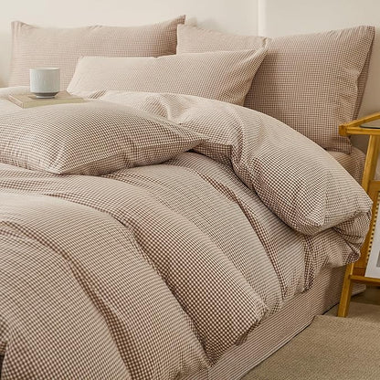 Light Brown Gingham Duvet Cover Full Size Washed Cotton Plaid Comforter Cover Full Size Farmhouse Boho Cute Soft Duvet Cover Set with Ties Checkered Tan Bedding Set Breathable Duvet Protector