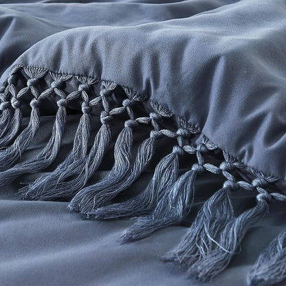 Andency Queen Comforter Set Bluish Grey, 3 Pieces Boho Lightweight Fall Bedding Comforter Sets, Tassel Bed Set (90x90In Comforter & 2 Pillowcases)