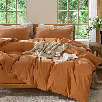 MooMee Bedding Duvet Cover Set 100% Washed Cotton Linen Like Textured Breathable Durable Soft Comfy (Solid Burnt Orange, Queen 90"x90")