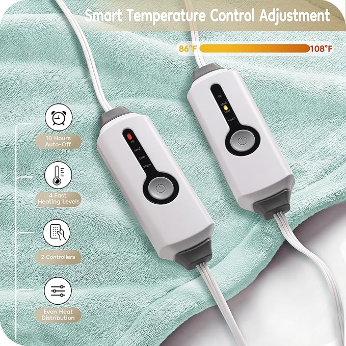 Electric Heated Blanket King Size 90"×100", Comfortable & Luxurious Flannel, 4 Heating Levels & 10 H Auto Shut Off, Mint Green