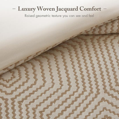 Madison Park Signature Queen Luxury Jacquard Comforter Set, Removable Duvet Cover with Insert, Oversized Overfilled Bedding, Hand-Guided Embroidered Texture Accents, Geometric Ivory, 8-Piece