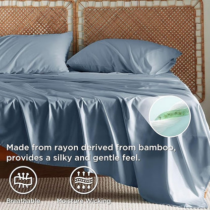 Bedsure King Size Sheets Set, Cooling Sheets for Hot Sleepers, Rayon Derived from Bamboo, PureWoven, Breathable & Soft, Deep Pocket Up to 16 Inches, Hotel Luxury Silky Bedding, Dusty Blue