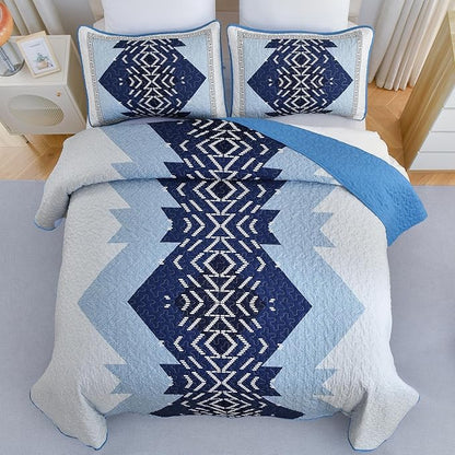 Dintszyayue Boho Quilt Set King Size,Blue Bedspread 3 Pieces Geometric Aztec Pattern Bedding Coverlet Set Bohemian Quilt Bedding Set Soft Microfiber Quilt Bed Spread for All Season(Blue,90"x103")
