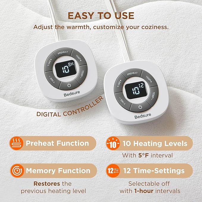 Bedsure Heated Mattress Pad Queen - Bed Warmer with Memory & Preheat Function, 12-Hour Auto Off & 10 Heat Settings, Dual Controllers, Fast Heating, Coral Fleece Electric Mattress Pad Queen, 60"x80"