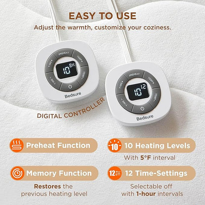 Bedsure Heated Mattress Pad Queen - Bed Warmer with Memory & Preheat Function, 12-Hour Auto Off & 10 Heat Settings, Dual Controllers, Fast Heating, Coral Fleece Electric Mattress Pad Queen, 60"x80"