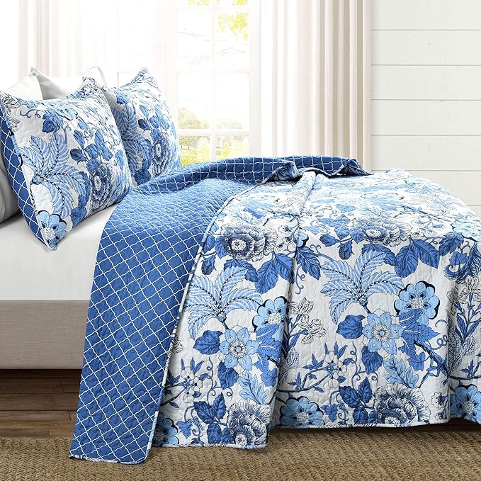 Lush Decor Sydney Reversible Cotton Quilt Set, 3 Piece Set, Full/Queen, Navy & White - Cotton Bedding Set - Navy Floral Quilt - Cottage Decor - Bedding Queen Size