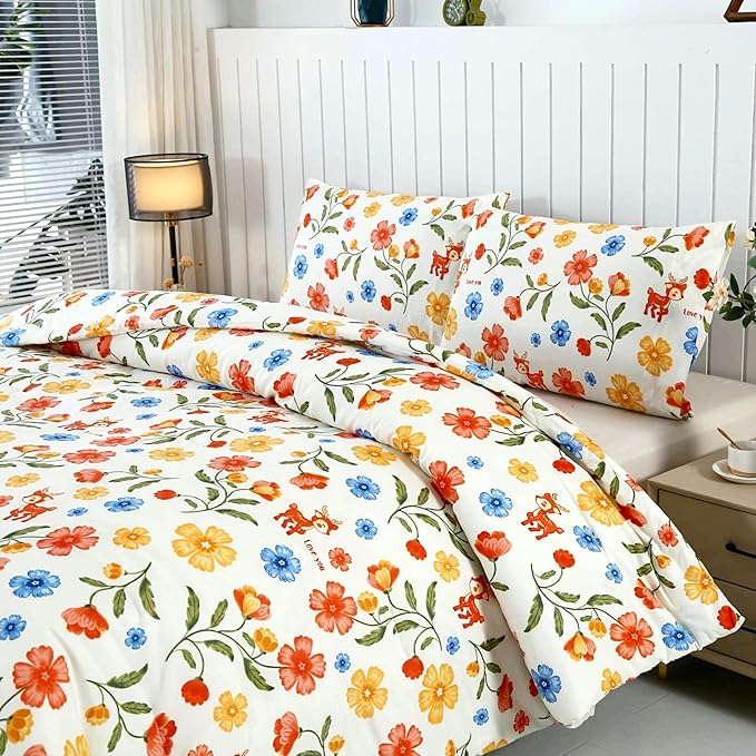 SDIII Reindeer and Floral Comforter Set Queen 3 Pieces, Soft Microfiber Vintage Floral Comforter Queen Size, Yellow Flower Bedding All Season