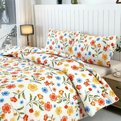 SDIII Reindeer and Floral Comforter Set Queen 3 Pieces, Soft Microfiber Vintage Floral Comforter Queen Size, Yellow Flower Bedding All Season