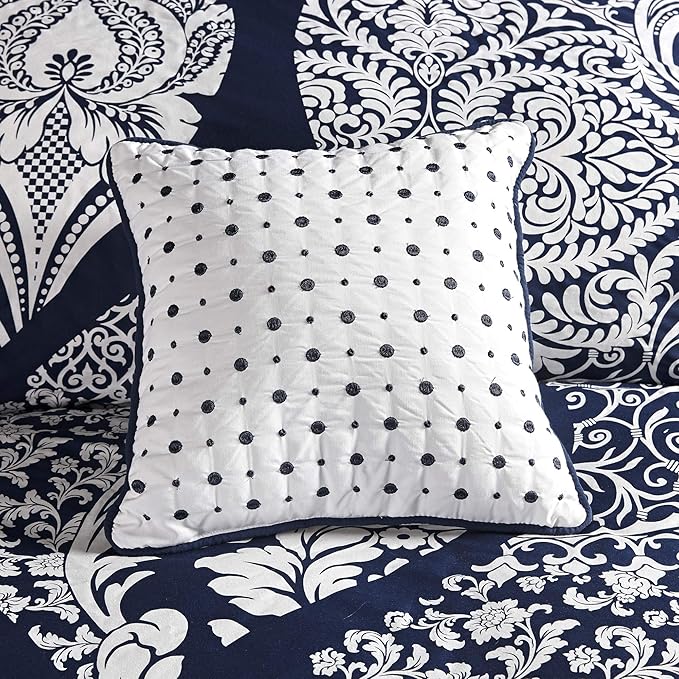 Madison Park Vienna Sateen Cotton Comforter Set, Breathable, Soft Cover, Trendy, All Season Down Alternative Cozy Bedding with Matching Shams, California King, Indigo 7 Piece