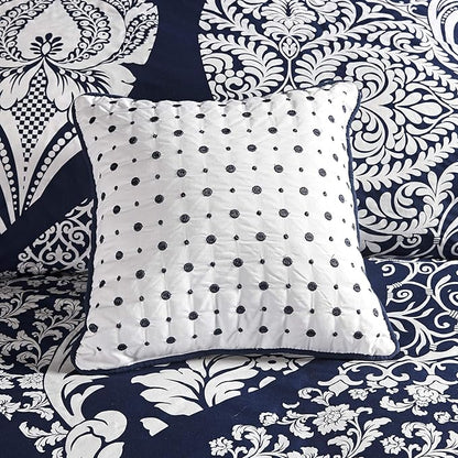 Madison Park Vienna Sateen Cotton Comforter Set, Breathable, Soft Cover, Trendy, All Season Down Alternative Cozy Bedding with Matching Shams, California King, Indigo 7 Piece