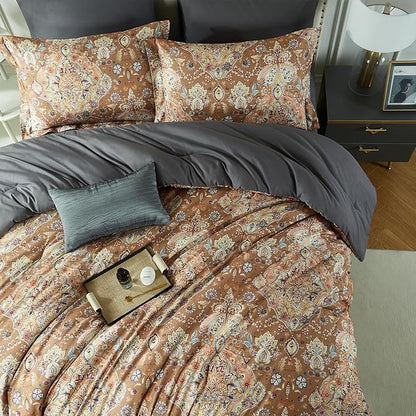 Cupocupa King Duvet Cover Set - 3pc Boho Paisley Floral Bedding - Vintage Botanical Leaf Print Soft Microfiber - All-Season Breathable Quilt Cover with Zipper & Corner Ties (King, 104"x90")