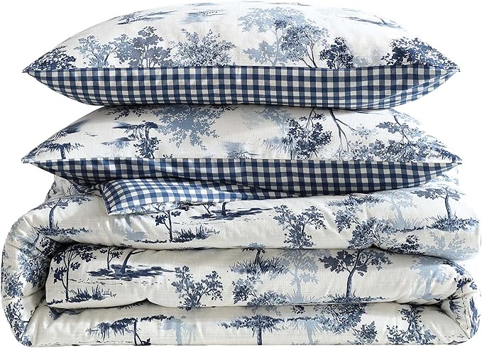 Eddie Bauer - Full/Queen Comforter Set, Super Soft Reversible Bedding with Matching Shams, Buffalo Check Reverse, Rustic Inspired Room Essentials (Vintage Forest Toile Blue, Full/Queen)