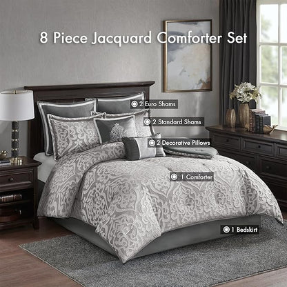 Madison Park Odette Cozy Comforter Set Jacquard Damask Medallion Design - Modern All Season, Down Alternative Bedding, Shams, Decorative Pillows, Queen(90 in x 90 in), Silver 8 Piece
