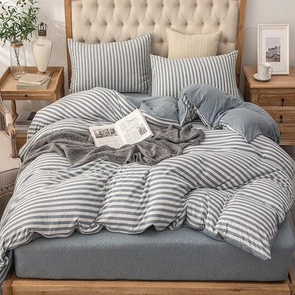 PURE ERA Jersey Knit Duvet Cover Set 100% T-Shirt Heather Cotton Super Soft Comfy Classic Striped Design, with Zipper Closure, Heather Blueish Grey Stripe, Full