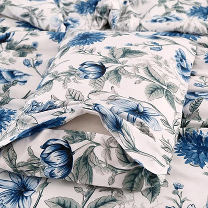 SDIII Blue Floral Comforter Set Full 3 Pieces, Soft Microfiber Cornflower Blue Comforter Full, Vintage Floral Bedding Set All Season