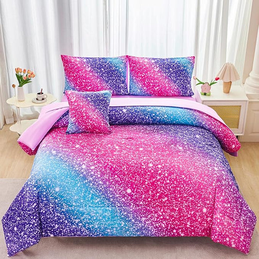 RYNGHIPY Rainbow Bed in A Bag Twin Size Girly Pink Purple Blue Gradient Galaxy Print Comforter Set with Sheets Pillowcases