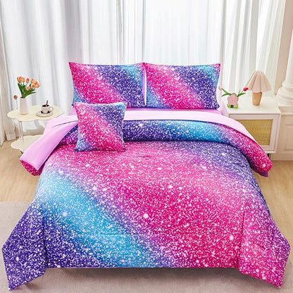 RYNGHIPY Rainbow Bed in A Bag Queen Size Girly Pink Purple Blue Gradient Galaxy Print Comforter Set with Sheets Pillowcases