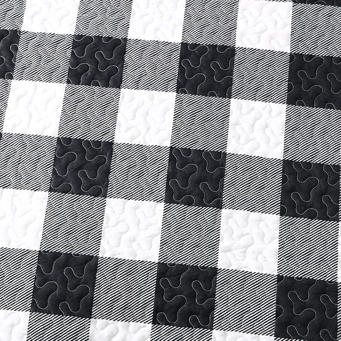 EXQ Home Quilt Set Twin Size 2 Piece,Lightweight Microfiber Coverlet Modern Style Black and White Squares Pattern Bedspread Set(1 Quilt,1 Pillow Sham)