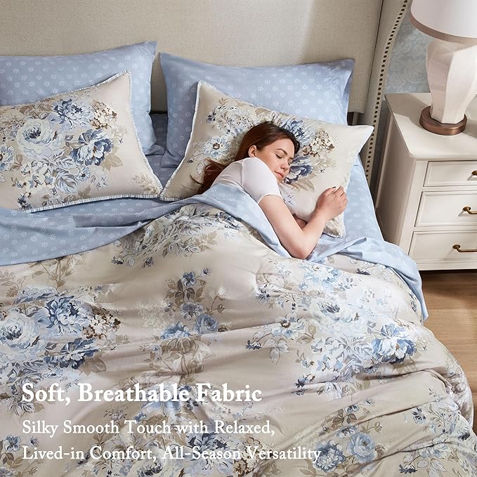 Madison Park Essentials Floral Comforter Set Cal King Size, Vintage Flower Bedding Set with Sheet Set, 7 Pieces Bed in a Bag, Reversible Botanical Comforter, Pillowcases & Shams, Heather, Beige/Blue