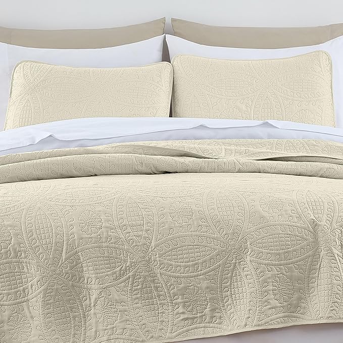 Chezmoi Collection Austin 3-piece Oversized Bedspread Coverlet Set (King, Ivory) | Oversized, Lightweight, Fade Resistant