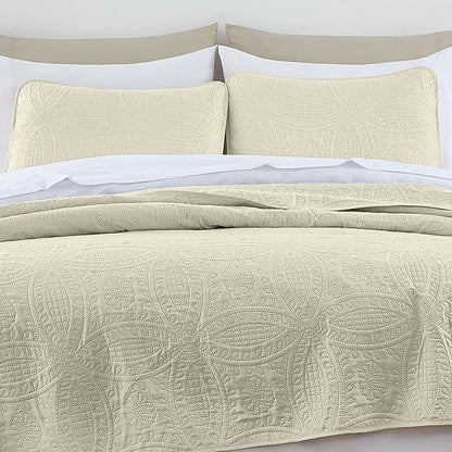 Chezmoi Collection Austin 3-piece Oversized Bedspread Coverlet Set (King, Ivory) | Oversized, Lightweight, Fade Resistant