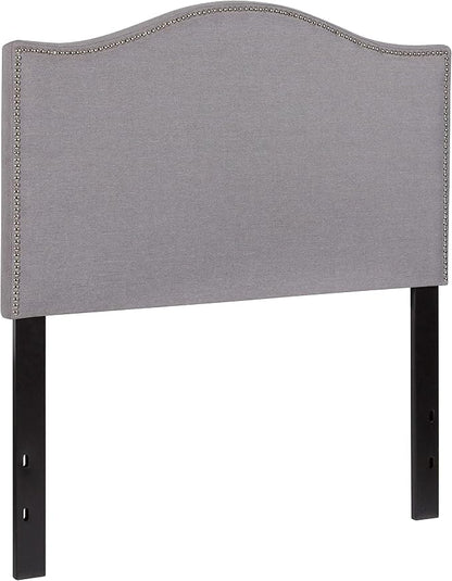 EMMA + OLIVER Upholstered Twin Size Headboard with Nailtrim in Light Gray Fabric
