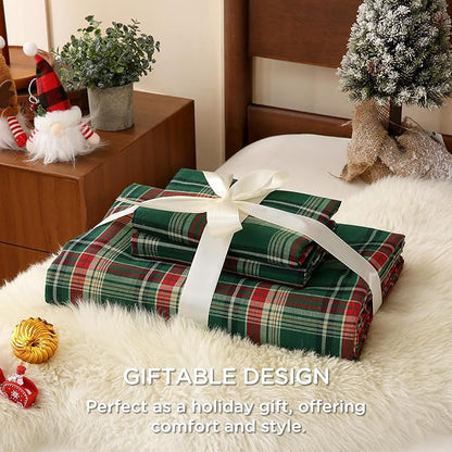TOCOMOA Christmas Plaid Duvet Cover Set 100% Washed Cotton Like Linen Feel Super Soft Comfy 2 Piece Green Red Gingham Checkered Bedding Comforter Cover Set (Twin 68"x90", Comforter Not Included)