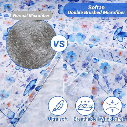 Softan Full Floral Sheets, Microfiber Blue Flower Printed Fitted Sheets with Non-Slip Corner Straps and 15" Deep Pocket, Butterfly Patterned Cozy Bed Sheets Double Sheets & Pillowcase Sets