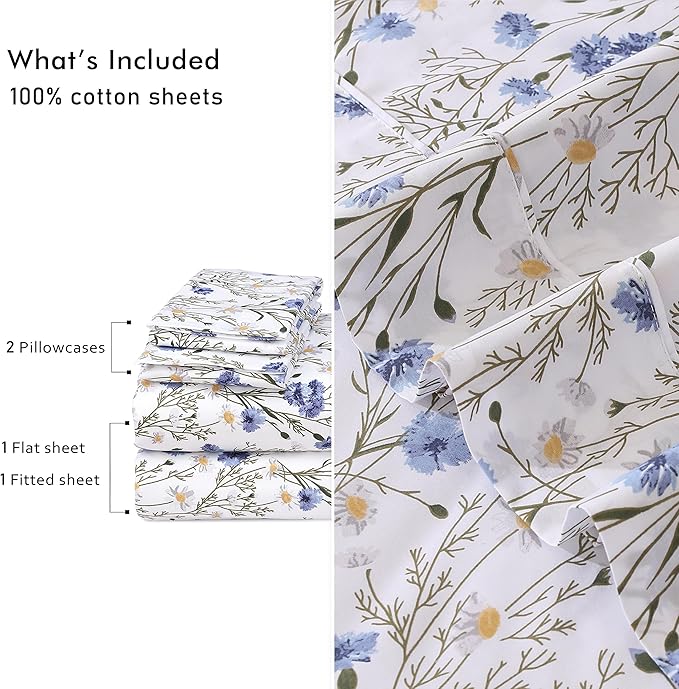 RUVANTI 100% Cotton Sheets – Full Size Percale Bedding, Cooling & Breathable Floral Design, Durable with a Crisp, Soft & Comfortable Feel, 16" Deep Pocket, 4-Piece Set, Sweet Pea