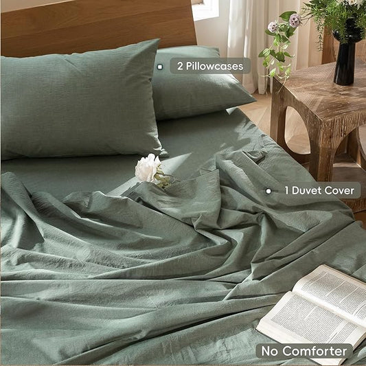 MooMee Bedding Duvet Cover Set 100% Washed Cotton Linen Like Textured Breathable Durable Soft Comfy (Heathered Green, King 104"x90")
