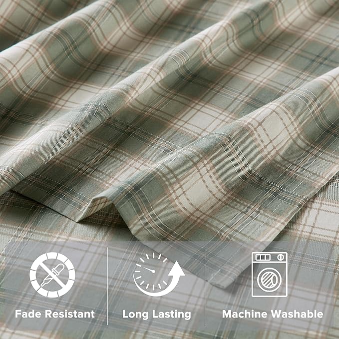Comfort Spaces 100% Cotton Sheets Full, Breathable, Naturally Cool Cotton Sheets, Soft Cotton Bed Sheets with 14" Elastic Pocket Fits up to 16" Mattress, All Seasons Sheet Set, Wesley Green 4 Piece