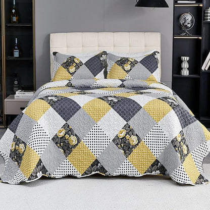 Cmfshape Summer Floral Queen Bedspread,Romantic Khaki Quilt Set Full,Reversible Stitched Bedding Set All Season,Soft Lightweight Coverlet with Pillow Cases (Khaki&Dark, Queen90 x90)