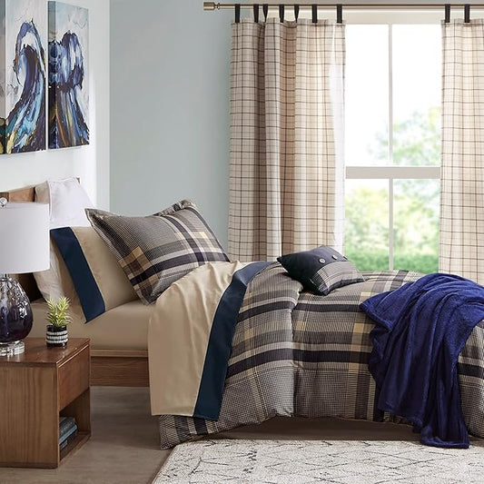 Intelligent Design Robbie 7-Piece Twin Comforter Set – Lightweight All-Season Plaid Bedding, Navy/Tan, Cozy Bed-in-a-Bag with Matching Shams & Decorative Pillow, Modern Casual Style