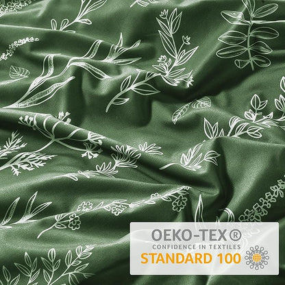 MUXHOMO Duvet Cover King Size, Reversible Floral Dark Green Duvet Cover Set with Zipper Closure, 3 Pieces Botanical Patterns Soft Microfiber Bedding Set (90"x104", 2 Pillow Cases 20"×36")