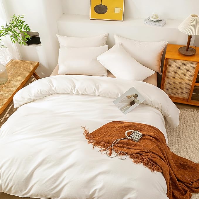 ECOCOTT White Duvet Cover California King Size, 100% Washed Cotton 1 Duvet Cover with Zipper and 2 Pillowcases, Ultra Soft and Easy Care Breathable Bedding Set (White, California King)