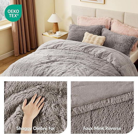 Intelligent Design Malea Shaggy Comforter Set, Long Faux Fur Cozy Down Alternative, Modern Casual Ultra Soft All Season Fluffy Bedding with Matching Sham, King/Cal King, Grey 3 Piece