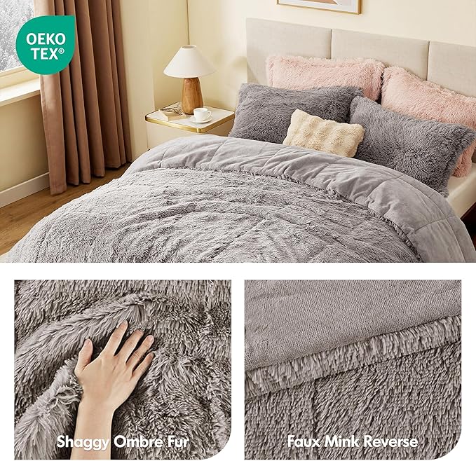 Intelligent Design Malea Shaggy Comforter Set, Long Faux Fur Cozy Down Alternative, Modern Casual Ultra Soft All Season Fluffy Bedding with Matching Sham, Twin/Twin XL, Grey 2 Piece