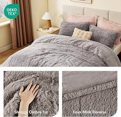 Intelligent Design Malea Shaggy Comforter Set, Long Faux Fur Cozy Down Alternative, Modern Casual Ultra Soft All Season Fluffy Bedding with Matching Sham, Twin/Twin XL, Grey 2 Piece