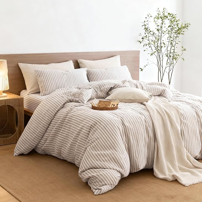 Nayoroom Striped Duvet Cover Queen Size - 100% Washed Cotton White Duvet Cover with Brown Stripes Pattern, 3 Pieces Soft Breathable Girls Dorm Bedding Set for Hot Sleepers, Yarn Dyed Process